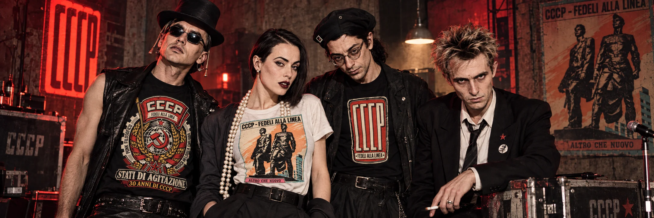 CCCP Fedeli alla linea: Storia, Musica e Culto Punk 1 Membri dei CCCP – Fedeli alla Linea con T-shirt grafiche ispirate allo stile punk e post-punk italiano anni ’80.